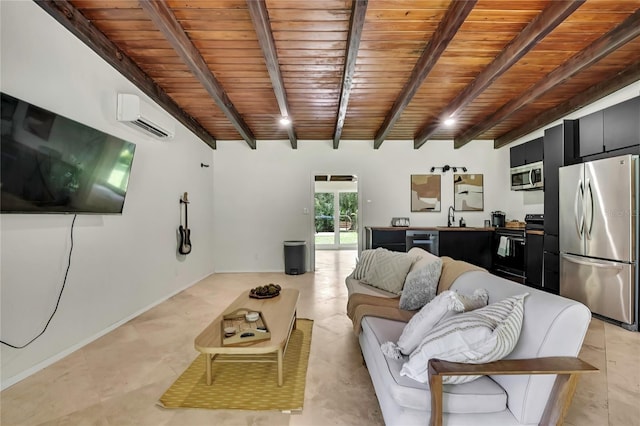 8944 W White Dogwood Dr, Homosassa, FL 34448 - living area with a wall mounted air conditioner and wooden ceiling with exposed beams