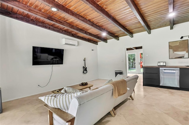 8944 W White Dogwood Dr, Homosassa, FL 34448 - living room with wood ceiling with exposed beams and an AC wall unit