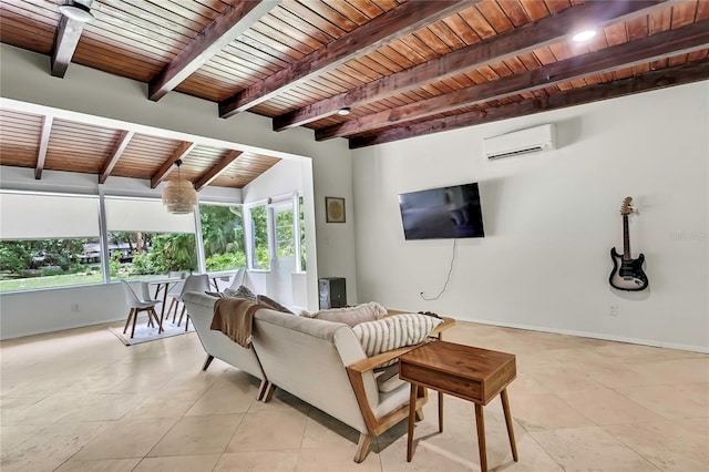 8944 W White Dogwood Dr, Homosassa, FL 34448 - living area with a wall mounted air conditioner, wooden ceiling with exposed beams, baseboards, and light tile patterned floors