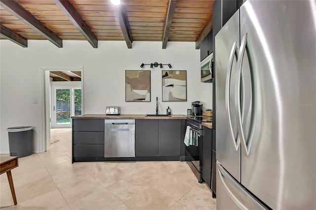 8944 W White Dogwood Dr, Homosassa, FL 34448 - kitchen featuring appliances with stainless steel finishes, a sink, gray cabinets, wood ceiling with exposed beams, and butcher block counters