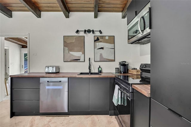 8944 W White Dogwood Dr, Homosassa, FL 34448 - kitchen featuring butcher block counters, appliances with stainless steel finishes, a sink, gray cabinets, and wooden ceiling with exposed beams