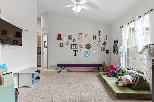 2053 Charleston Ln, Bartow, FL 33830 - game room featuring lofted ceiling, carpet flooring, a ceiling fan, and baseboards