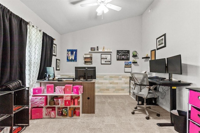 2053 Charleston Ln, Bartow, FL 33830 - home office with carpet floors, a ceiling fan, and lofted ceiling
