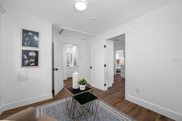 4626 8th Ave S, Saint Petersburg, FL 33711 - living area with attic access, baseboards, and dark wood-type flooring
