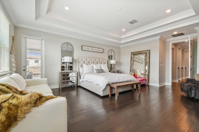 6129 Marsh Trail Dr, Odessa, FL 33556 - bedroom featuring a tray ceiling, dark wood-type flooring, baseboards, crown molding, and recessed lighting