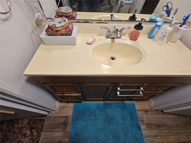4352 Joy Dr, Land O Lakes, FL 34638 - bathroom with a textured wall, vanity, and wood finished floors