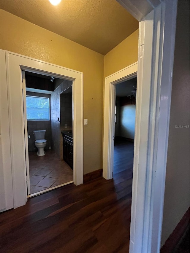 9907 Maggie St, Gibsonton, FL 33534 - hallway with dark wood finished floors and a textured ceiling