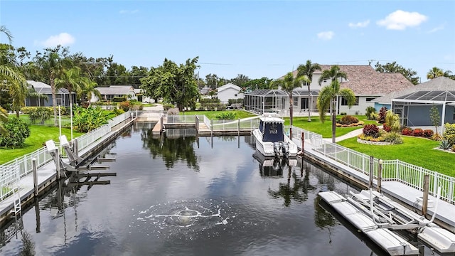 4306 Barracuda Dr, Bradenton, FL 34208 - dock area with boat lift, a water view, and a residential view