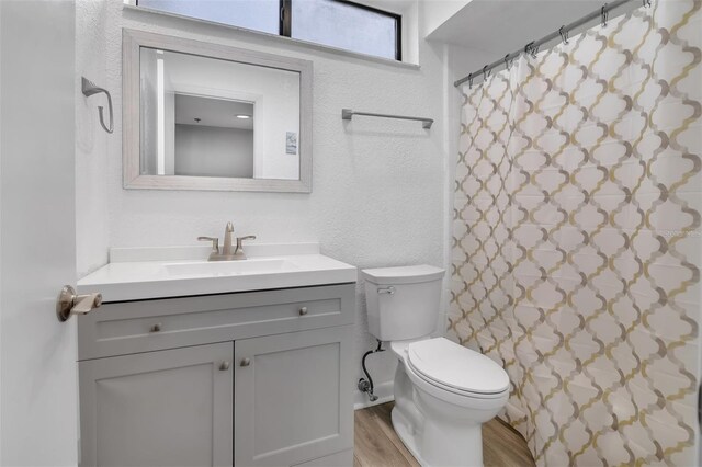 1038 E Michigan St Unit B, Orlando, FL 32806 - bathroom with a textured wall, toilet, vanity, wood finished floors, and a shower with curtain