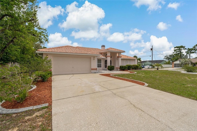 11411 Terrell, Spring Hill, FL 34606 - mediterranean / spanish house with an attached garage, stucco siding, a front yard, concrete driveway, and a tile roof