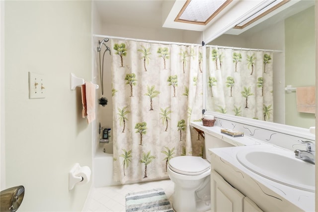 70 Morning Dove Pl, Oldsmar, FL 34677 - bathroom featuring vanity, tile patterned flooring, shower / bath combination with curtain, and a skylight