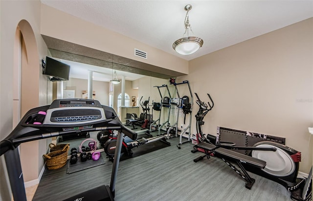 1710 Lago Vista Blvd, Palm Harbor, FL 34685 - gym with wood finished floors and baseboards
