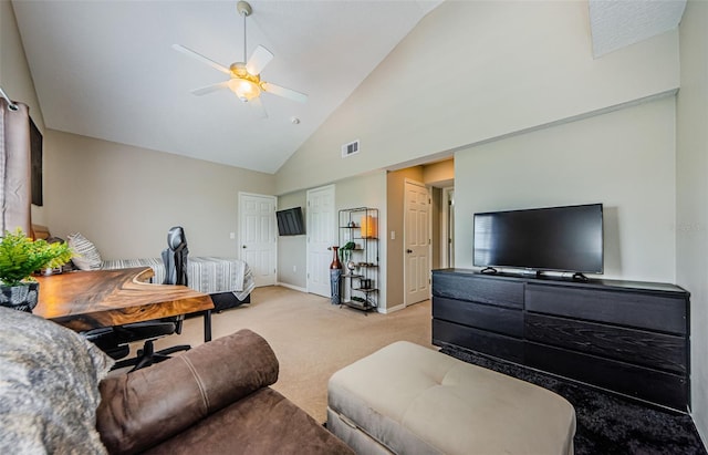 1710 Lago Vista Blvd, Palm Harbor, FL 34685 - living area with ceiling fan, light colored carpet, high vaulted ceiling, and an office area