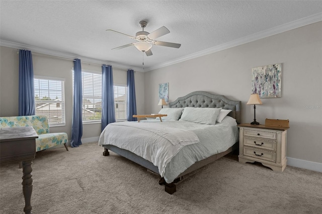 4077 Cadence Loop, Land O Lakes, FL 34638 - bedroom with crown molding, baseboards, carpet floors, a textured ceiling, and a ceiling fan