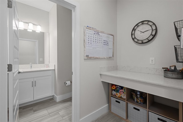 4077 Cadence Loop, Land O Lakes, FL 34638 - bathroom with vanity, baseboards, and wood finished floors