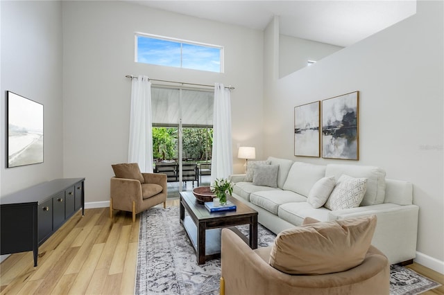 12335 Glenfield Ave, Tampa, FL 33626 - living room with light wood-style floors, a towering ceiling, and baseboards