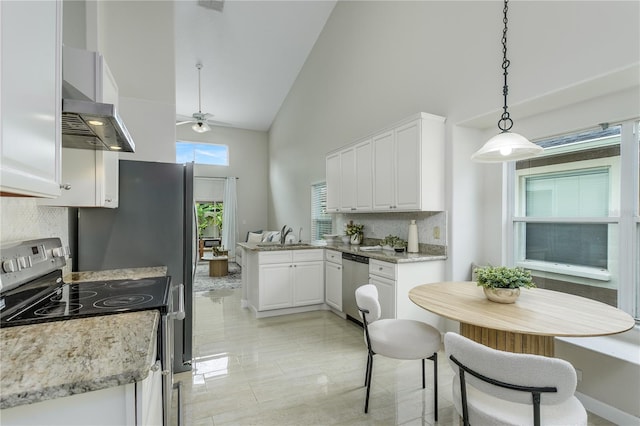 12335 Glenfield Ave, Tampa, FL 33626 - kitchen featuring appliances with stainless steel finishes, high vaulted ceiling, a peninsula, decorative backsplash, and white cabinets