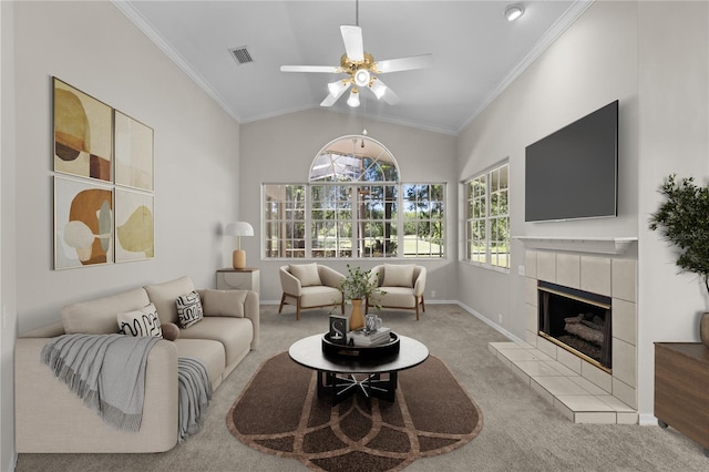 12209 Glencliff Cir, Tampa, FL 33626 - living room with carpet flooring, a ceiling fan, plenty of natural light, ornamental molding, and a fireplace
