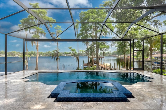 15012 Maurine Cove Ln, Odessa, FL 33556 - view of swimming pool featuring a water view, a patio, and a lanai