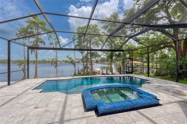 15012 Maurine Cove Ln, Odessa, FL 33556 - view of swimming pool with a water view, a patio, and a lanai