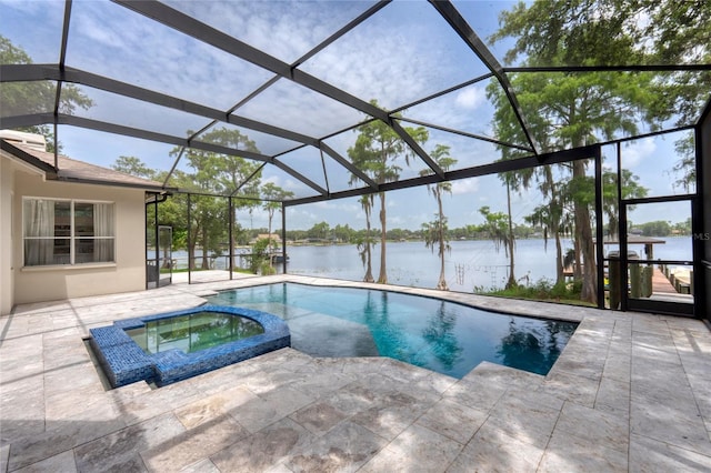 15012 Maurine Cove Ln, Odessa, FL 33556 - view of pool featuring a patio, a water view, a pool with connected hot tub, and glass enclosure