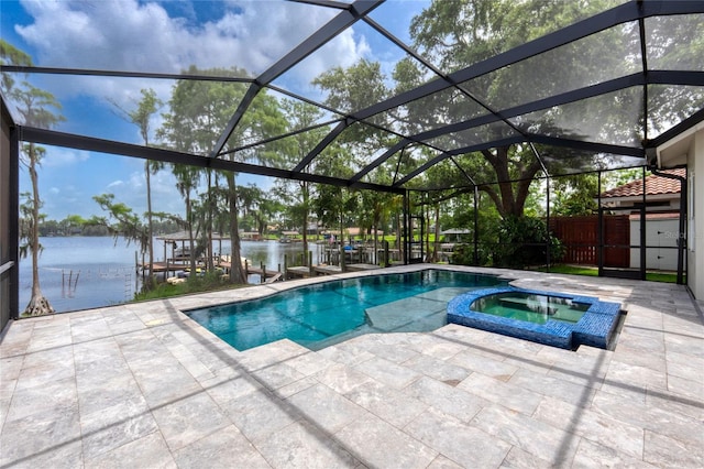 15012 Maurine Cove Ln, Odessa, FL 33556 - view of swimming pool with a water view, a pool with connected hot tub, a patio, and a lanai