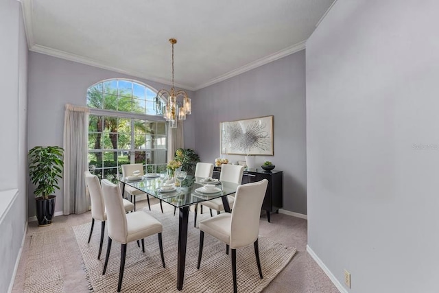 15012 Maurine Cove Ln, Odessa, FL 33556 - dining space with light colored carpet, a chandelier, and crown molding