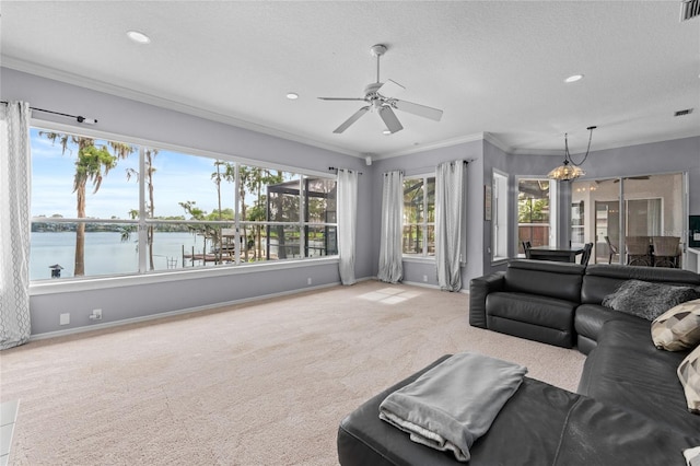 15012 Maurine Cove Ln, Odessa, FL 33556 - living area with carpet, a ceiling fan, a water view, recessed lighting, and crown molding