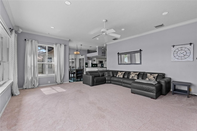 15012 Maurine Cove Ln, Odessa, FL 33556 - carpeted living area featuring ceiling fan, ornamental molding, and recessed lighting