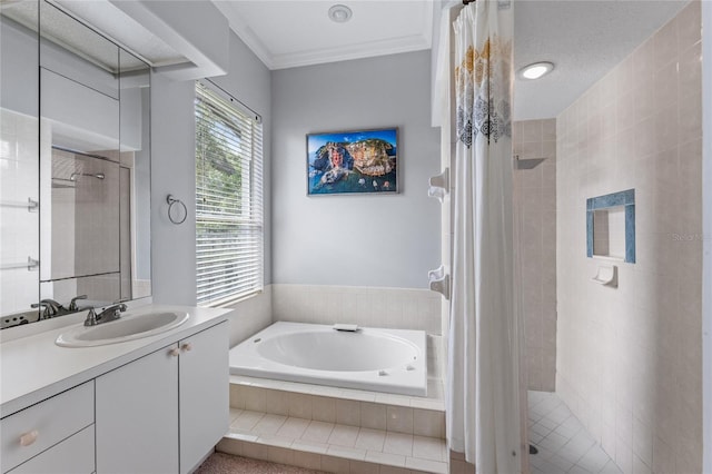15012 Maurine Cove Ln, Odessa, FL 33556 - full bathroom with a stall shower, a garden tub, vanity, and crown molding
