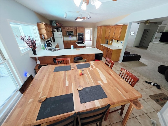 2975 E Withlacoochee Trl, Dunnellon, FL 34434 - dining space with ceiling fan, light tile patterned flooring, and light colored carpet