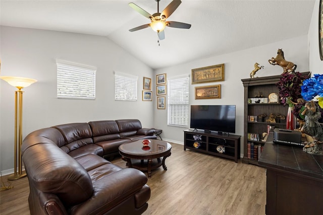 19104 Cellini Pl, Lutz, FL 33558 - living room with a ceiling fan, wood finished floors, and vaulted ceiling
