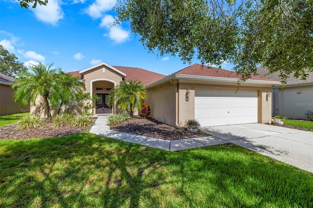 19104 Cellini Pl, Lutz, FL 33558 - view of front of property featuring french doors, an attached garage, stucco siding, a front yard, and driveway