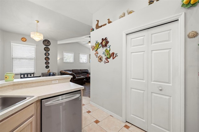 19104 Cellini Pl, Lutz, FL 33558 - kitchen with dishwasher, open floor plan, light countertops, hanging light fixtures, and light tile patterned flooring