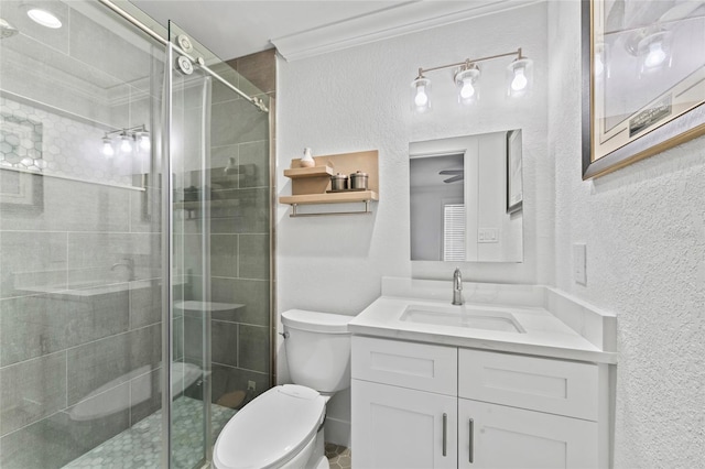 9000 Bay St NE, Saint Petersburg, FL 33702 - bathroom featuring toilet, a textured wall, vanity, a shower stall, and crown molding
