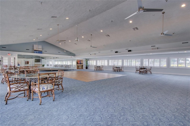 7932 Sailboat Key Blvd S Unit 406, South Pasadena, FL 33707 - carpeted dining room with a ceiling fan, high vaulted ceiling, and recessed lighting