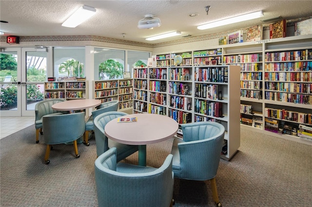 7932 Sailboat Key Blvd S Unit 406, South Pasadena, FL 33707 - living area featuring wall of books, carpet floors, a textured ceiling, and healthy amount of natural light