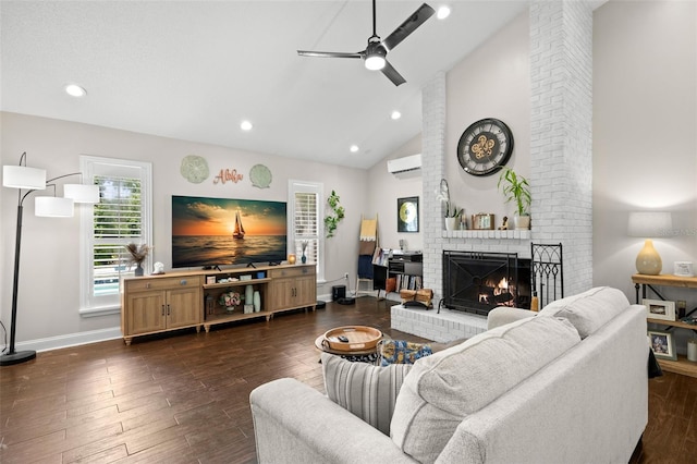 2306 S Valrico Rd, Valrico, FL 33596 - living room with a fireplace, dark wood finished floors, a wall mounted AC, recessed lighting, and a ceiling fan