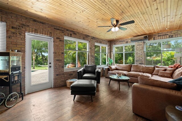 2306 S Valrico Rd, Valrico, FL 33596 - living area featuring brick wall, wood ceiling, ceiling fan, and wood-type flooring