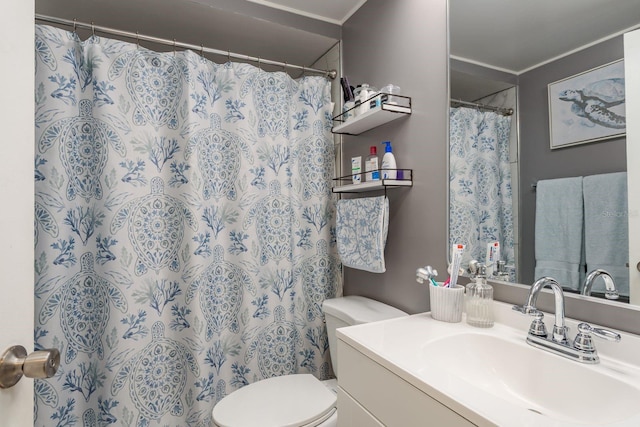 7901 Marlboro Dr, Port Richey, FL 34668 - bathroom featuring vanity, ornamental molding, and a shower with shower curtain
