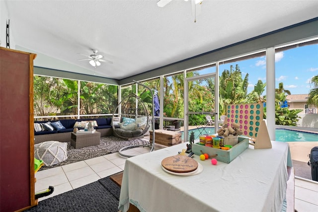 338 7th Ave N, Tierra Verde, FL 33715 - sunroom featuring ceiling fan, an outdoor hangout area, and vaulted ceiling