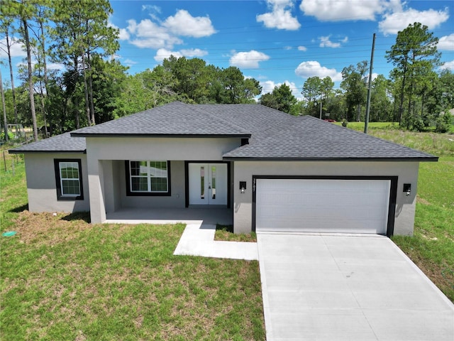 2705 W Royal Palm Dr, Citrus Springs, FL 34434 - view of front of home featuring roof with shingles, stucco siding, an attached garage, and a front lawn