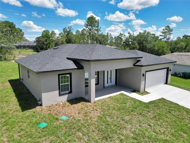 2705 W Royal Palm Dr, Citrus Springs, FL 34434 - ranch-style home with a shingled roof, stucco siding, a garage, driveway, and a front yard