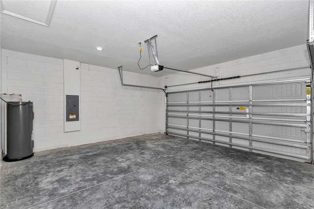 2705 W Royal Palm Dr, Citrus Springs, FL 34434 - garage featuring water heater, electric panel, concrete block wall, and a garage door opener