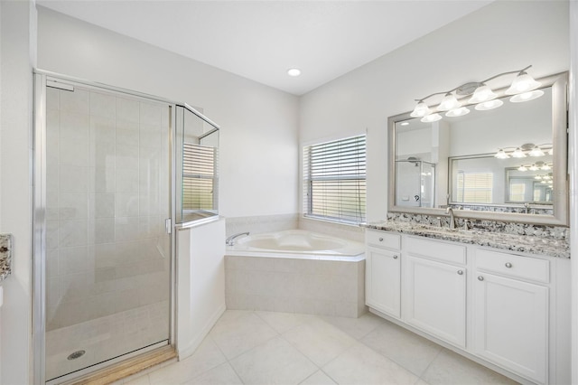 1178 Fraser Pine Blvd, Sarasota, FL 34240 - bathroom with vanity, a bath, a shower stall, tile patterned floors, and recessed lighting