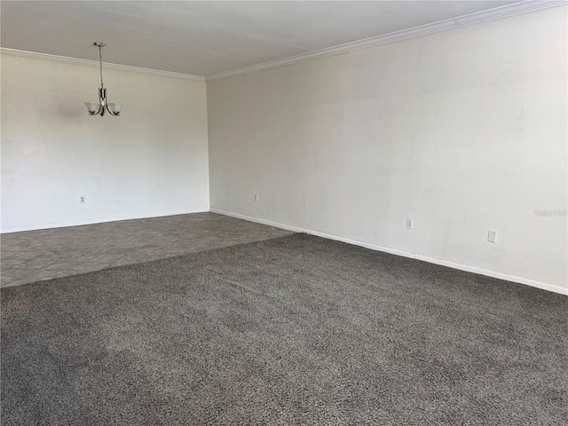 750 Island Way Unit 101, Clearwater Beach, FL 33767 - unfurnished room featuring a chandelier, ornamental molding, dark colored carpet, and baseboards