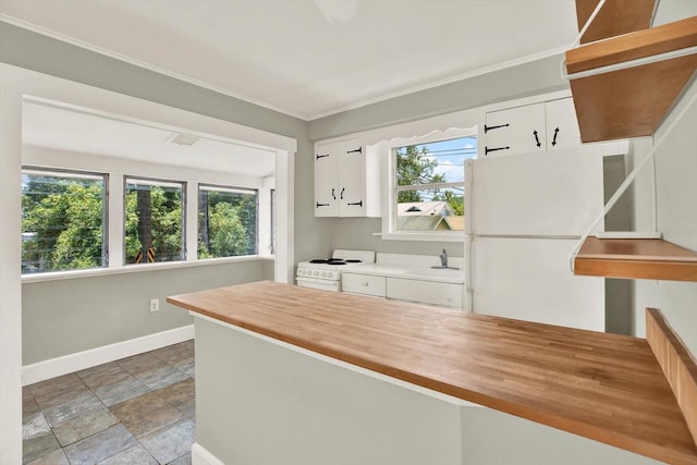 258 14th Ave NE, Saint Petersburg, FL 33701 - kitchen with white appliances, wood counters, plenty of natural light, and crown molding