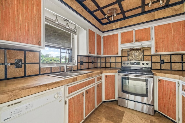 358 Suwanee Ave, Sarasota, FL 34243 - kitchen featuring stainless steel electric range oven, white dishwasher, backsplash, and tile countertops