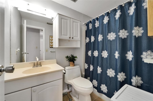 4215 E Bay Dr Unit 1801E, Clearwater, FL 33764 - bathroom with toilet, vanity, tile patterned flooring, and a shower with curtain