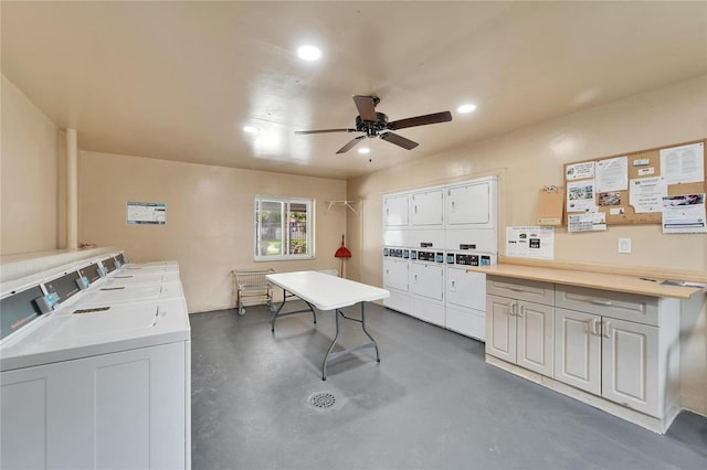 4215 E Bay Dr Unit 1801E, Clearwater, FL 33764 - kitchen with stacked washing machine and dryer, finished concrete floors, ceiling fan, recessed lighting, and light countertops